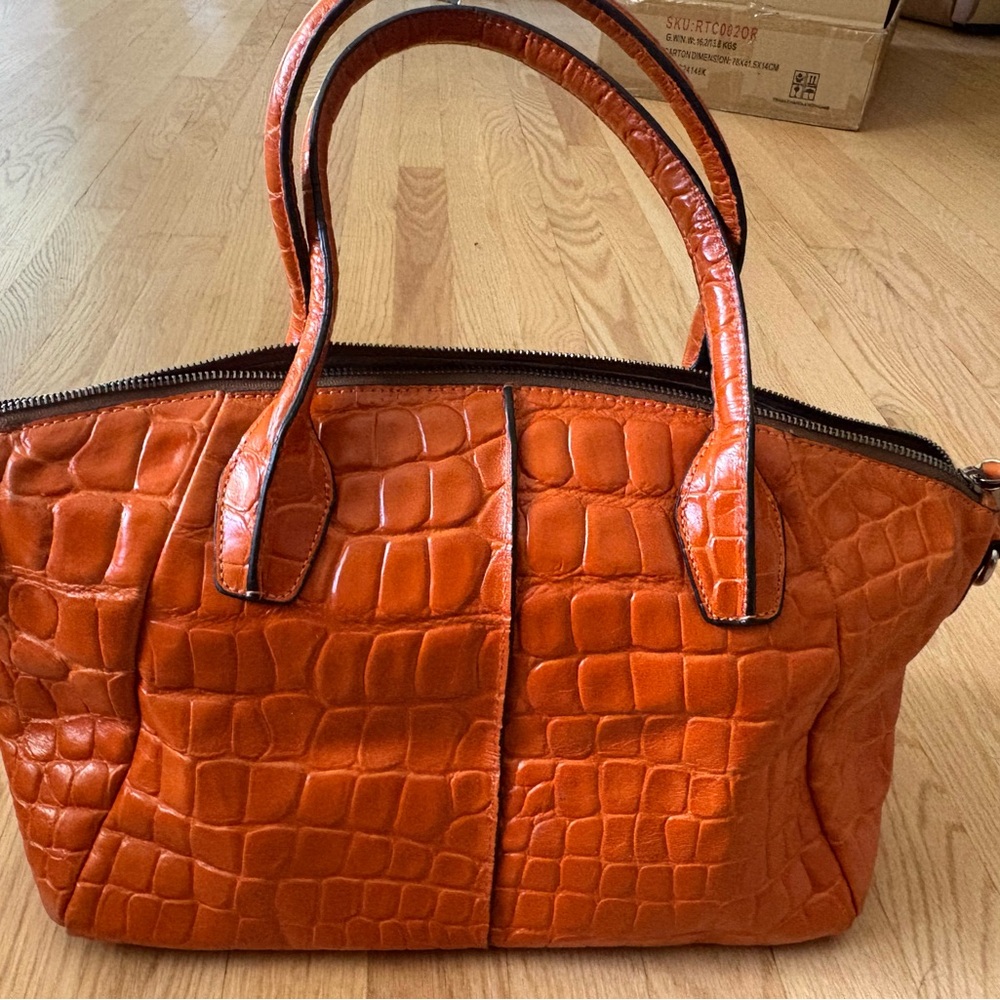 Charles Jourdan Orange Crocodile-Embossed Satchel